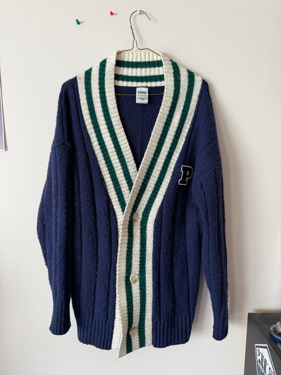 PINK Victoria's Secret Sweaters - PINK Victoria's Secret Navy Shawl-Collar Cardigan with Cream & Green Stripes